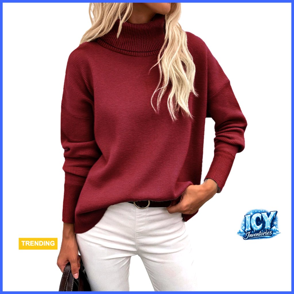 Chunky Knit Turtleneck Sweater Pullover High Low Hem Oversized Winter Top